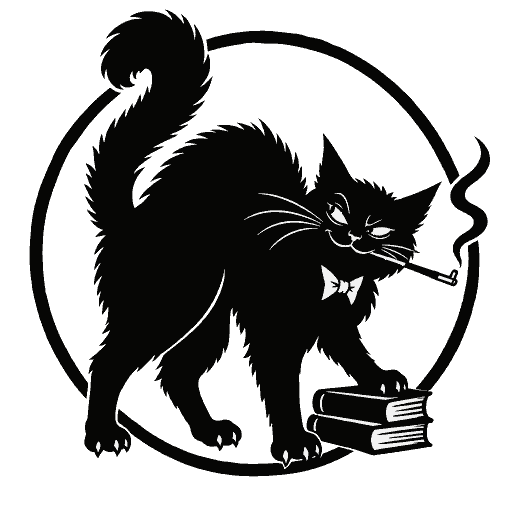 Logo du Bégémot : chat noir satirique, nœud papillon, fume-cigarette et livres
